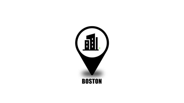 Location of the city of Boston, the name of the place with the location has been displayed, sign animated with alpha channel 4K. GPS map navigator system animation. route destination city streets.