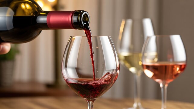 A close-up of a bottle of wine, dark red wine is poured into a transparent elegant glass. A photo with a place for the text. - Powered by Adobe