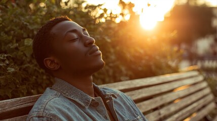 Young man enjoying peaceful sunlight on park bench, finding calm and serenity in nature's embrace, perfect for wellness and mindfulness campaigns