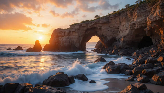 Ocean waves crashing on rocks at sunset near a cliff arch