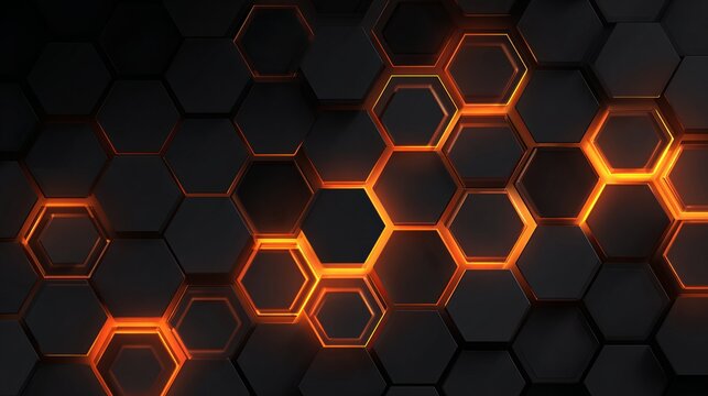 Stunning black hexagon pattern with vibrant orange glowing edges creating a modern tech background for websites and futuristic designs