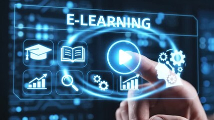 Human hand interacts with futuristic E-Learning interface, blending technology and education for modern digital learning - Powered by Adobe