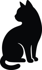 Elegant black cat silhouette sitting calmly and looking away, isolated on a white background, a classic, simple vector graphic design element.