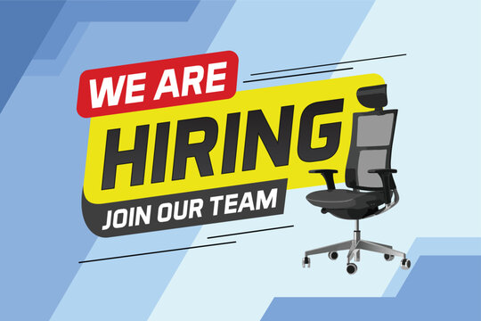 Hiring recruitment design for banner poster. We are hiring join our now lettering with chair icon logo sign Vector illustration typographic. Open vacancy template

