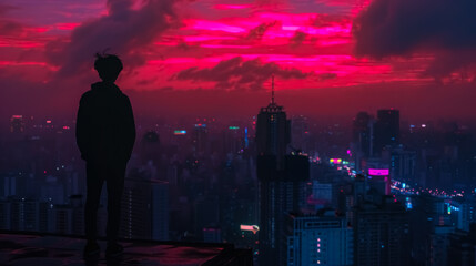 Silhouette of a person standing on a rooftop overlooking a large cityscape at sunset. Dramatic sky with vibrant pink and red clouds creating a cinematic, atmospheric urban scene.