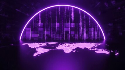 News Studio Background Neon Glowing Arc Over a World Map for Digital Information Visualization - Powered by Adobe