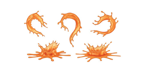 Obraz premium Set of orange juice splashes and drips in various dynamic shapes isolated illustration vector.