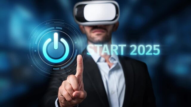 A professional man wearing a virtual reality headset interacts with a digital interface, symbolizing technology advancement and the exciting start of the year 2025. Raster
