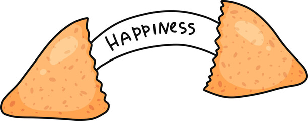 Colorful doodle of opened fortune cookie with paper slip showing word happiness isolated on white background. ideal for greeting cards, inspirational graphics, product packaging, lifestyle branding