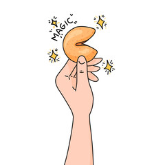 Bright and simple hand-drawn doodle of hand holding fortune cookie with inscription magic and stars on white backdrop. design adds charm and cheerful detail to variety of creative projects