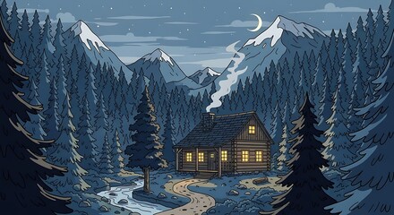 A cozy cabin nestled in a forest at night, with mountains and a crescent moon.