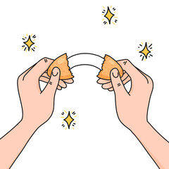 Colorful doodle hands holding opened fortune cookie on white background, concept positivity, hope, good fortune, uplifting messages, suitable for creative projects that emphasize joy and discovery