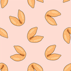 Seamless pattern cute whole magical fortune cookies in simple colorful doodle style on soft beige background. ideal for packaging design, wrapping paper, textile prints, and lifestyle branding