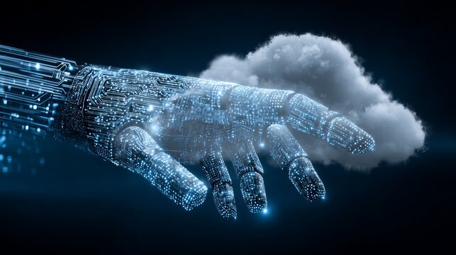 Futuristic robot hand reaching for cloud computing, a modern concept for digital transformation, data storage, and artificial intelligence solutions