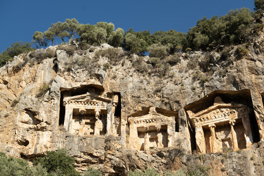 The Lycian Tombs of Dalyan in the province of Mugla in Turkey. These rock cut tombs date back to the 4th Century BC
