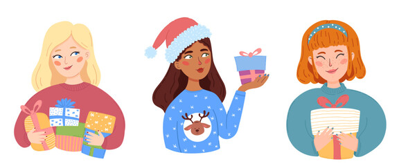 set three women in winter sweaters holding wrapped presents on white backdrop. ideal for print layouts, holiday projects, children’s books, designs focused on Christmas and seasonal cheer