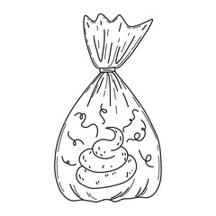Doodle black and white vector of dog poop in plastic bag isolated on white. Ideal for pet care guides, hygiene awareness, urban responsibility and educational content