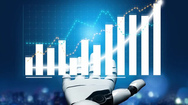 A futuristic robotic hand reaches out towards digital bar graphs and line charts, illustrating dynamic financial growth and data analysis in a technology-driven landscape. Copula - Powered by Adobe