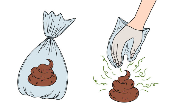 Doodle line art vector showing hand collecting dog poop in bag. Ideal for responsible dog ownership illustrations, educational materials and print layouts