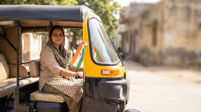 Indian female auto rickshaw driver on a street with tricolor ribbon on the vehicle, sitting inside the rickshaw with open space for text