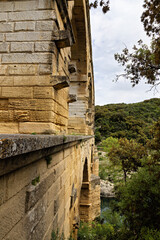 Side view of the famous, historic Pont du Gard aqueduct, Gard department, Provence, France
