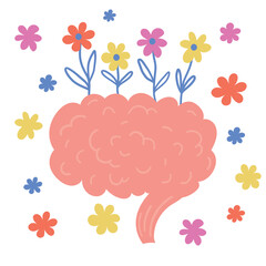 Symbolic illustration of brain with colorful flowers growing out isolated on white background, representing mental health, growth, positivity, wellness, mindfulness and self-care concept