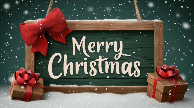 Wooden blackboard with inscription Merry Christmas in white letters, elegant red bow and two gift boxes decorated for Christmas with snowflakes falling around on green background.