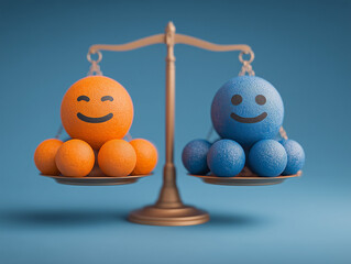 Two winking faces rest on opposite sides of a scale. Orange and blue spheres symbolize positive and negative sentiment. Emotions are balanced. 
