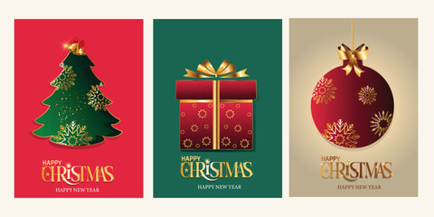 Set of Merry Christmas greeting card. Trendy minimalist design with Star, Christmas Ball and Christmas Tree. Paper art Vector Illustration. Template for poster, banner, holiday cover.
