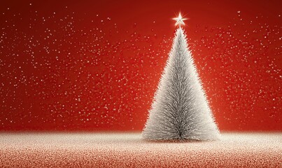 Christmas tree with star on top in white and silver color scheme glittering against red background with snow falling, Christmas card concept.