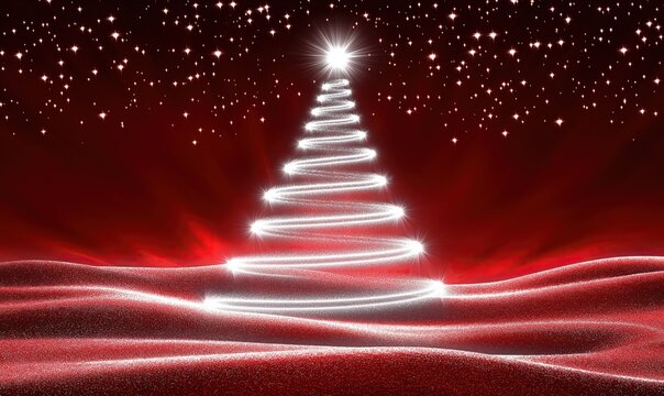 Red background with Christmas tree made of white light lines glowing in center of red desert landscape, Christmas star on top. - Powered by Adobe
