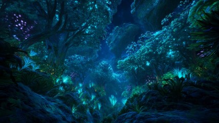 Luminous flora in mystical night jungle. AI image