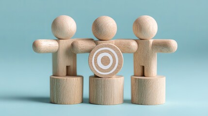 Teamwork achieves goals with wooden figures demonstrating collaboration and focus on success in a bright and modern environment