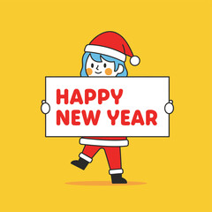 Cartoon girl in santa costume presenting a 'happy new year' sign