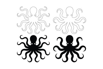 Two silhouetted octopuses and two stylized octopus line art designs