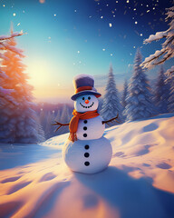 Snowman with orange scarf in winter forest landscape