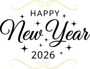 Happy new year 2026 elegant greeting with festive stars swirls