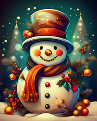 Snowman wearing top hat and scarf in winter christmas landscape