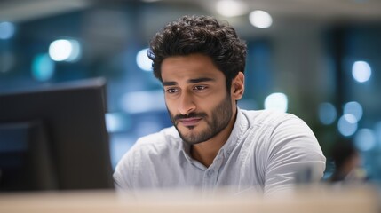 In a contemporary office space, a young Indian man is focused on his desktop computer as he works diligently. The man appears engaged in his tasks amidst a professional atmosphere.