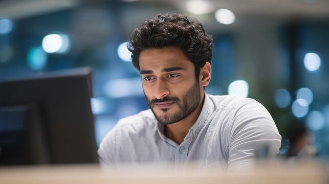 In a contemporary office space, a young Indian man is focused on his desktop computer as he works diligently. The man appears engaged in his tasks amidst a professional atmosphere.