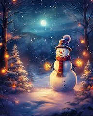 Snowman holding sparkling lights in winter christmas landscape