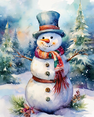 Snowman wearing scarf and top hat in winter forest