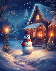 Snowman standing near cottage in winter wonderland