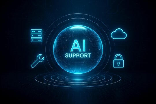 Futuristic glowing sphere representing an AI support system, surrounded by floating icons (server, cloud, lock, wrench), transparent blue data rings, dark premium background with subtle circuit patter