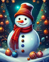 Snowman wearing hat and scarf in winter christmas scene