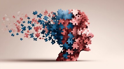 Brain health concept showing puzzle pieces forming human head for dementia research, Alzheimer's awareness and neurological disorder solutions