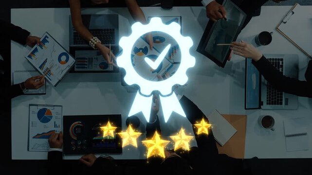 A dynamic office environment with professionals analyzing data and performance metrics, symbolized by a certification icon and stars reflecting success and quality. Raster