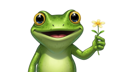Cute cartoon frog holding a flower isolated PNG with Transparent Background