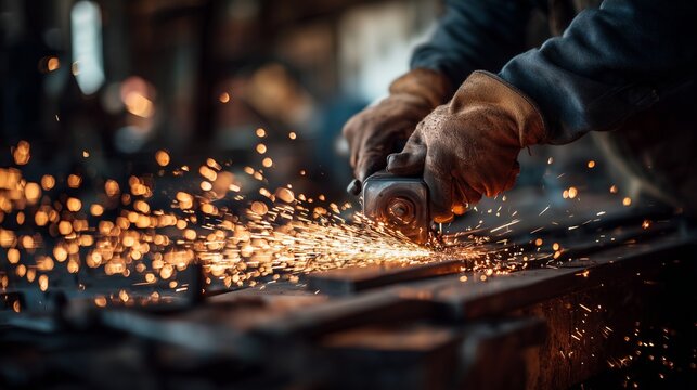 A skilled laborer, wearing gloves, expertly grinds metal, producing a shower of sparks in the workshop. The laborer's focused hands create intricate details in the metalworking pro - Powered by Adobe