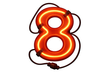 Number 8 glowing neon tube light sign in orange for digital signage and retro illuminated advertising